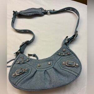 Elegant Blue Denim Shoulder Bag with Silver Details